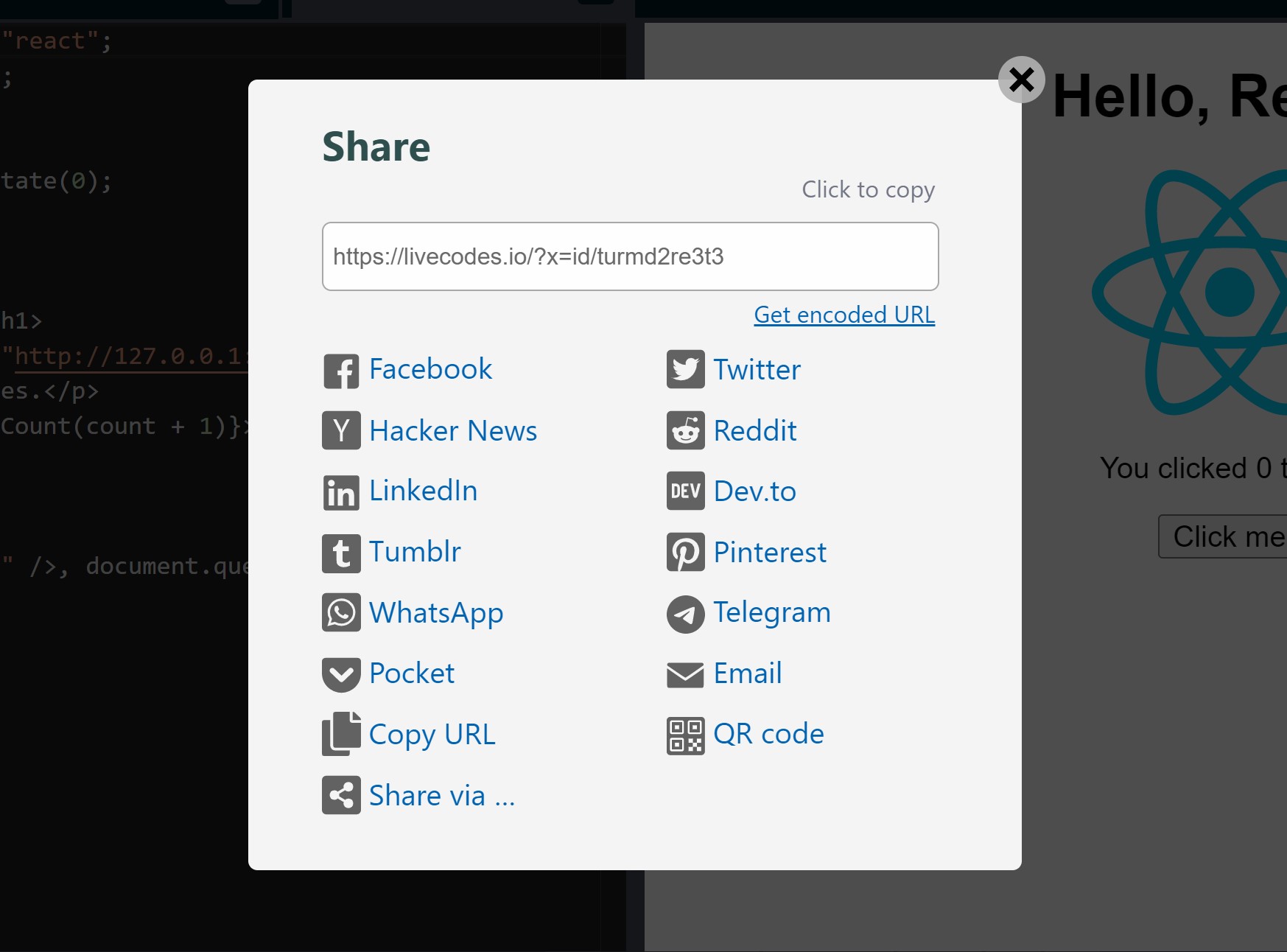 LiveCodes Share - short URL